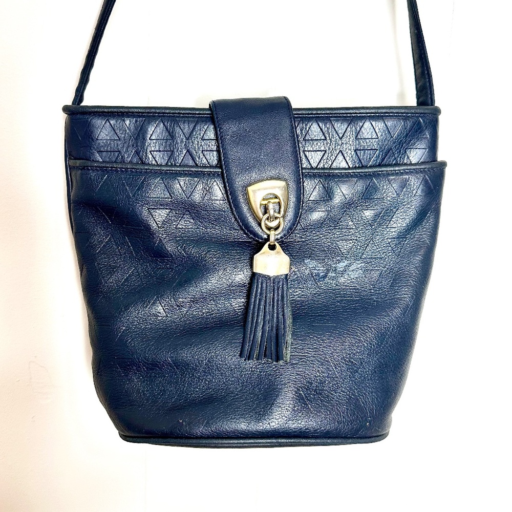 Allan Edward rare Vintage of 80s 90s, leather Bucket shoulder Navy bag purse